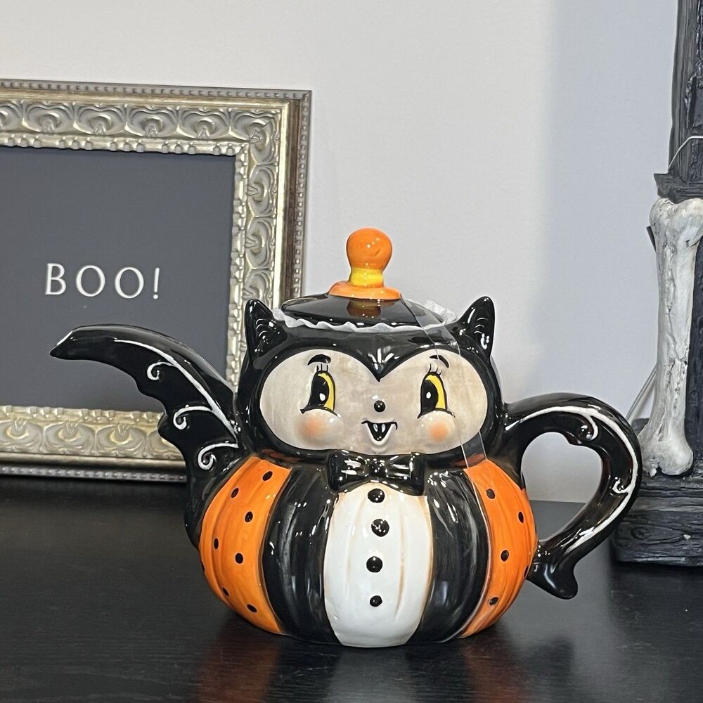 Johanna Parker Halloween Vampire Bat Pumpkin Vintage Ceramic Teapot